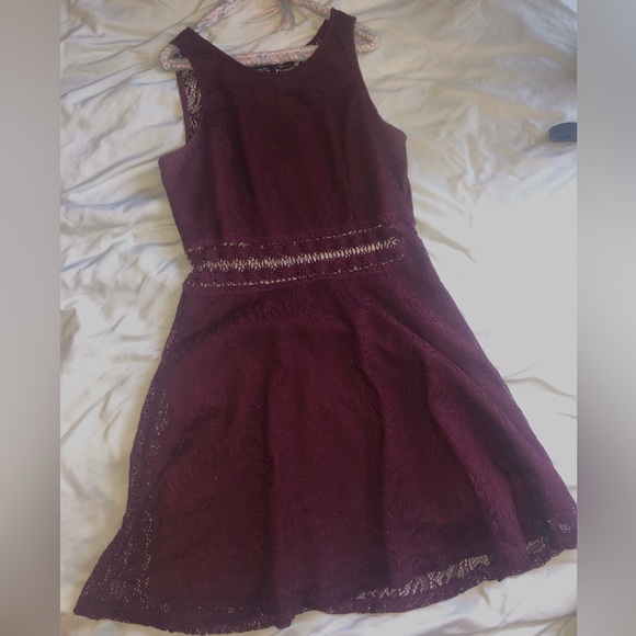 Maroon lace mini dress with transparent lace midsection - Picture 1 of 4